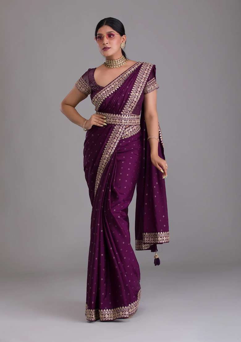 Wine Embroidered Silk Saree Set for Diwali and Festive Wear - Indya