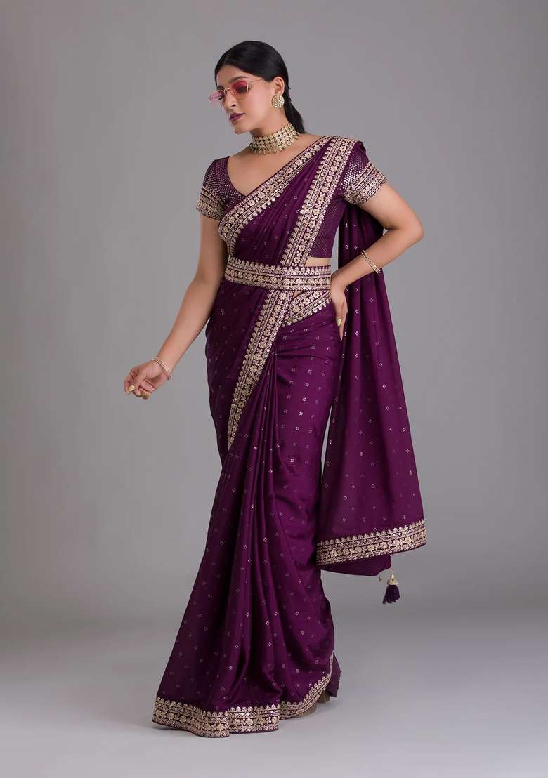 Wine Embroidered Silk Saree Set for Diwali and Festive Wear - Indya