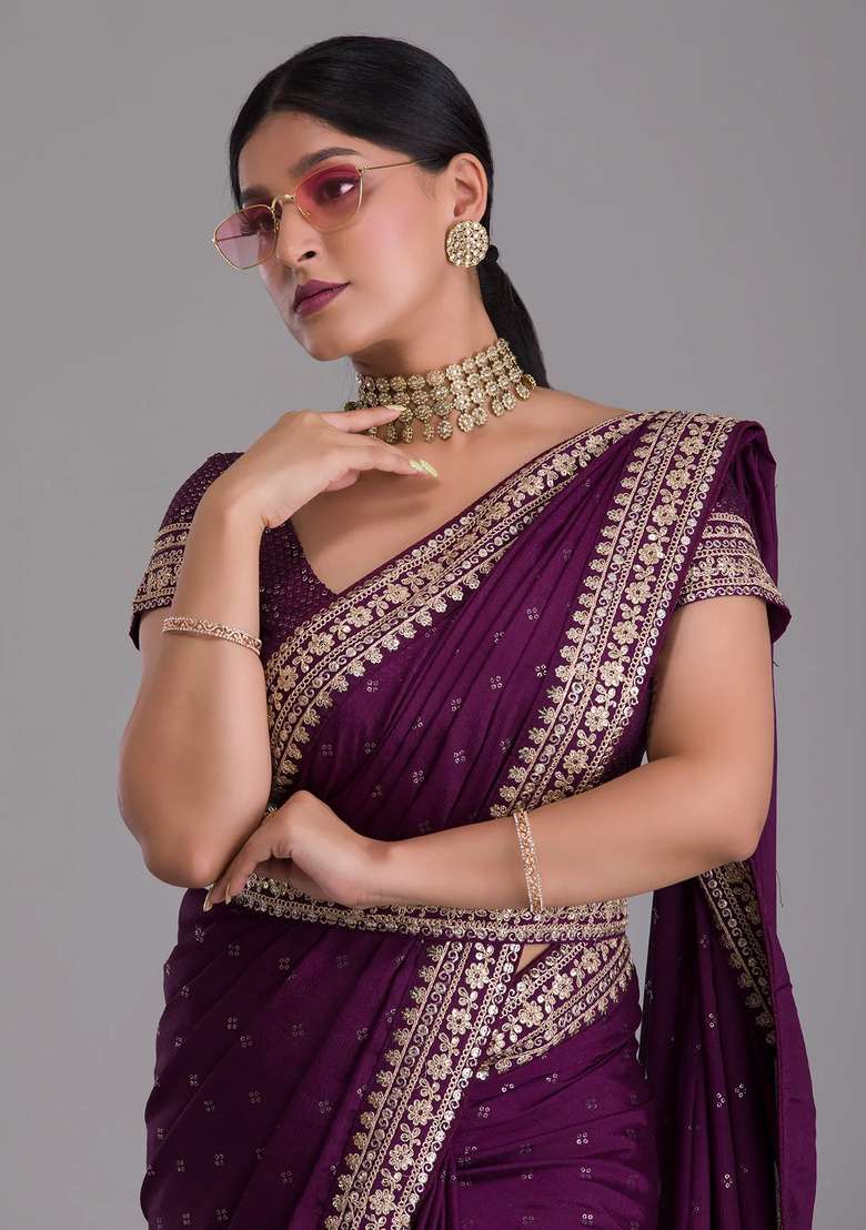 Wine Embroidered Silk Saree Set for Diwali and Festive Wear - Indya