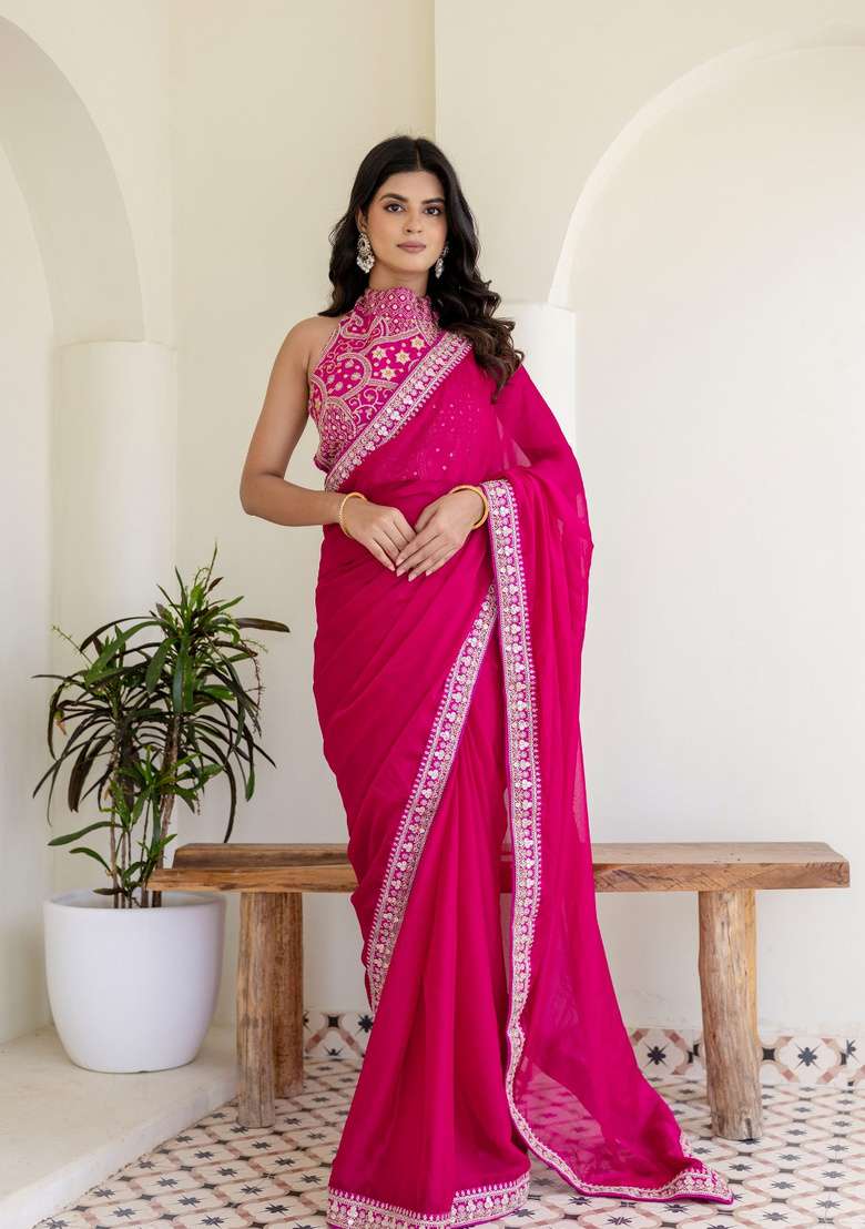 Rani Pink Silk Saree Set with Embroidered for Diwali | Wedding & Festive Wear - Indya
