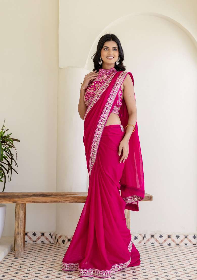 Rani Pink Silk Saree Set with Embroidered for Diwali | Wedding & Festive Wear - Indya