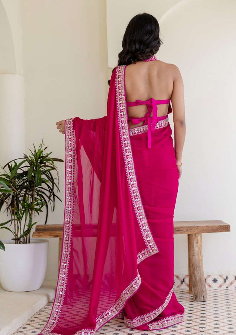 Rani Pink Silk Saree Set with Embroidered for Diwali | Wedding & Festive Wear - Indya