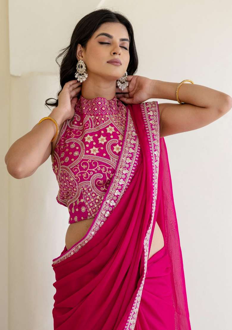 Rani Pink Silk Saree Set with Embroidered for Diwali | Wedding & Festive Wear - Indya