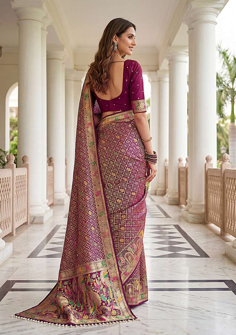 Wine Satin Saree Set with Embroidered for Diwali | Wedding & Festive Wear - Indya