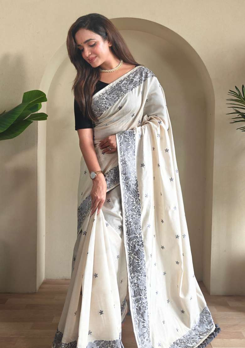 White Embroidered Tussar Saree Set - Indya