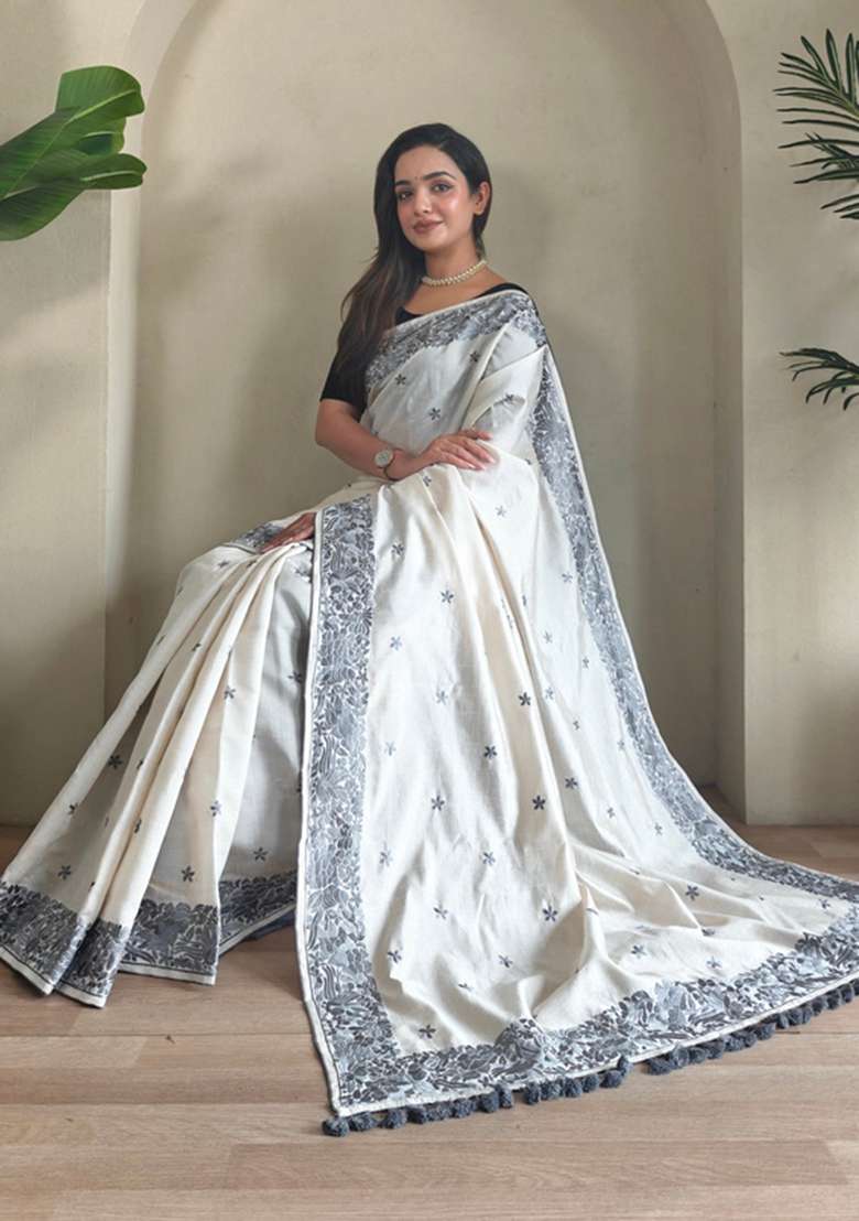 White Embroidered Tussar Saree Set - Indya