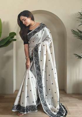 White Embroidered Tussar Saree Set