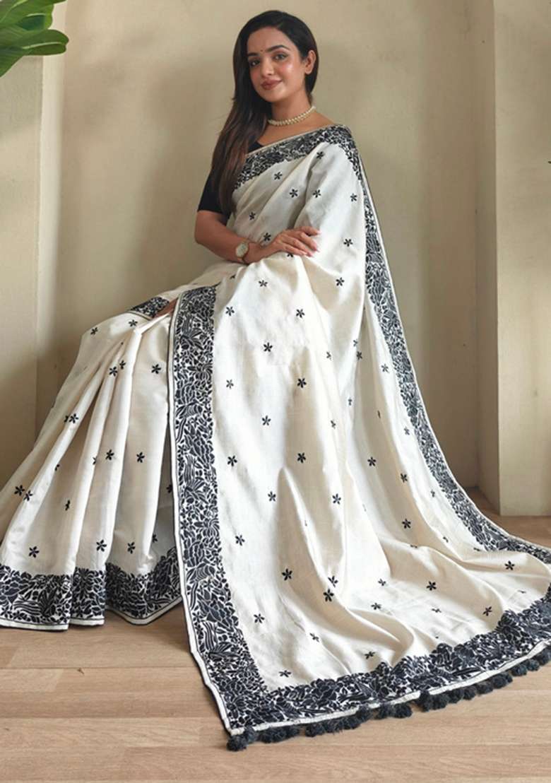 White Embroidered Tussar Saree Set - Indya