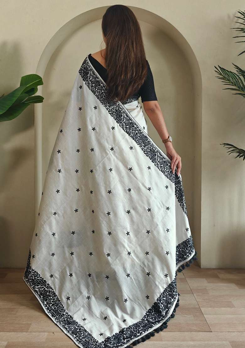 White Embroidered Tussar Saree Set - Indya