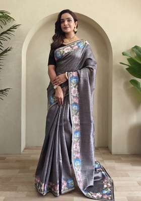 Grey Embroidered Tussar Saree Set
