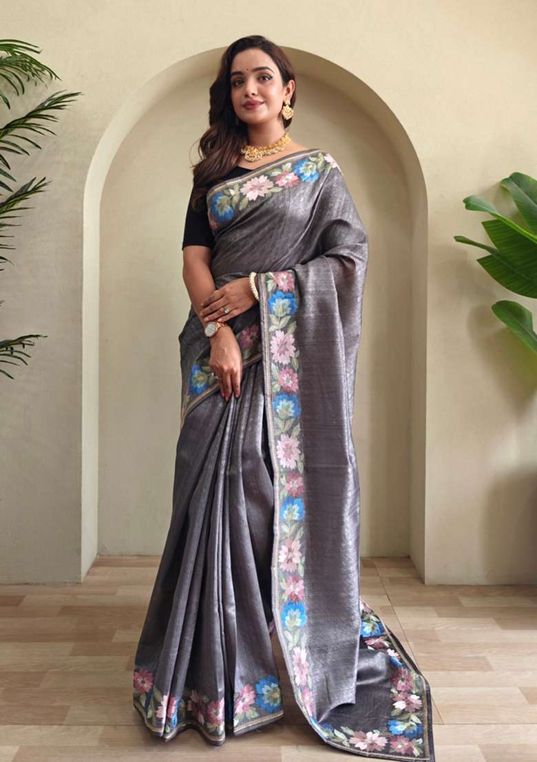 Grey Embroidered Tussar Saree Set - Indya