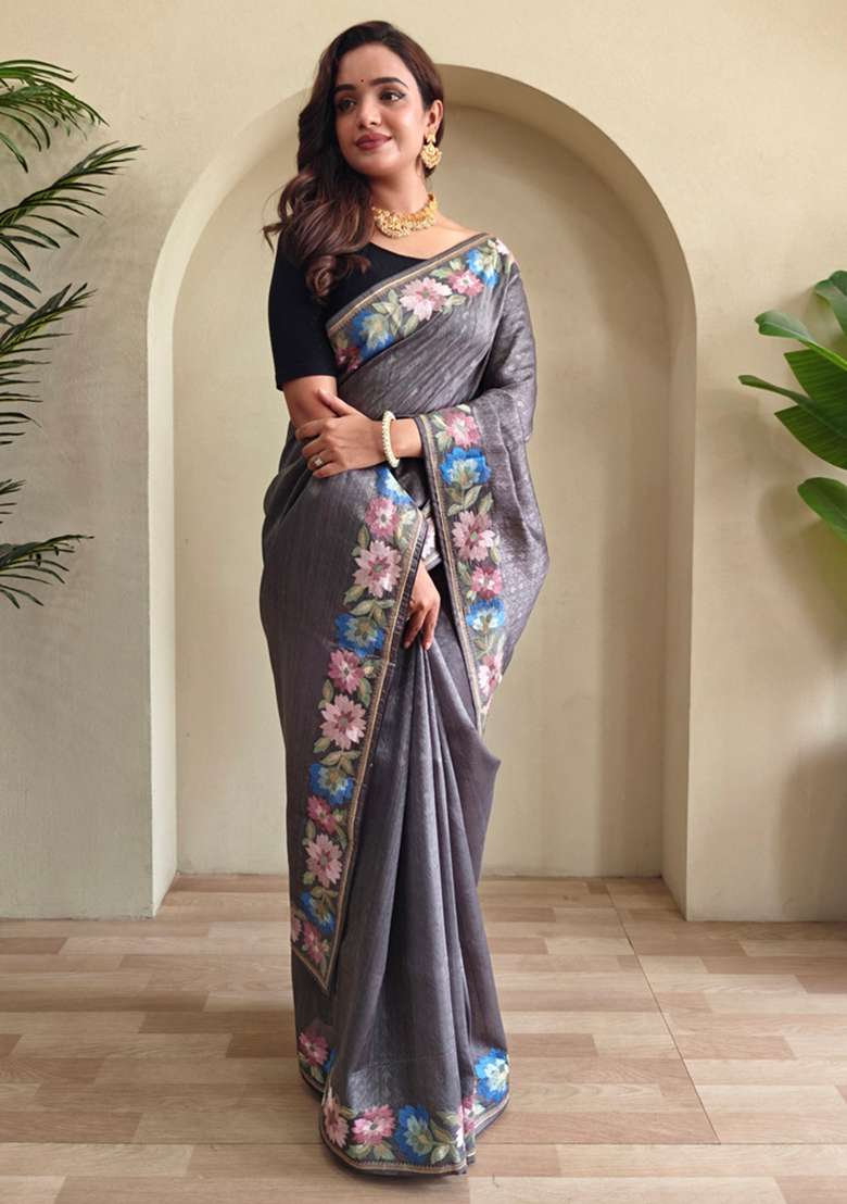 Grey Embroidered Tussar Saree Set - Indya