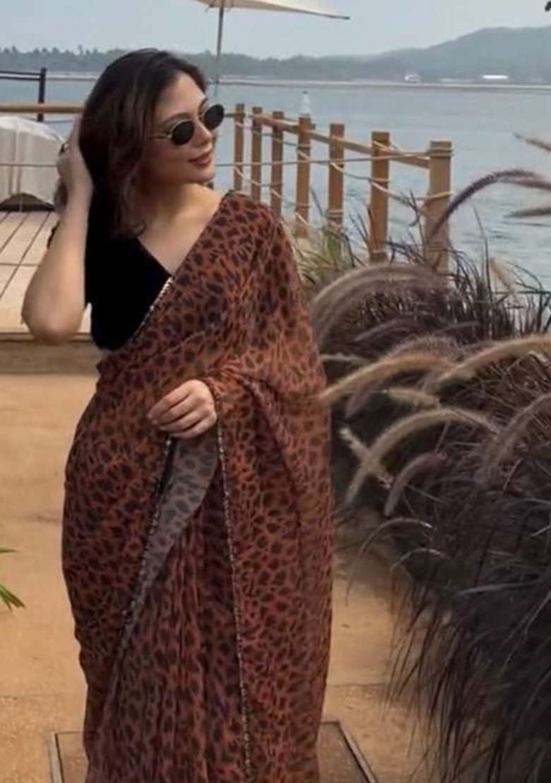 Brown Georgette Saree Set with Printed for Diwali | Wedding & Festive Wear - Indya