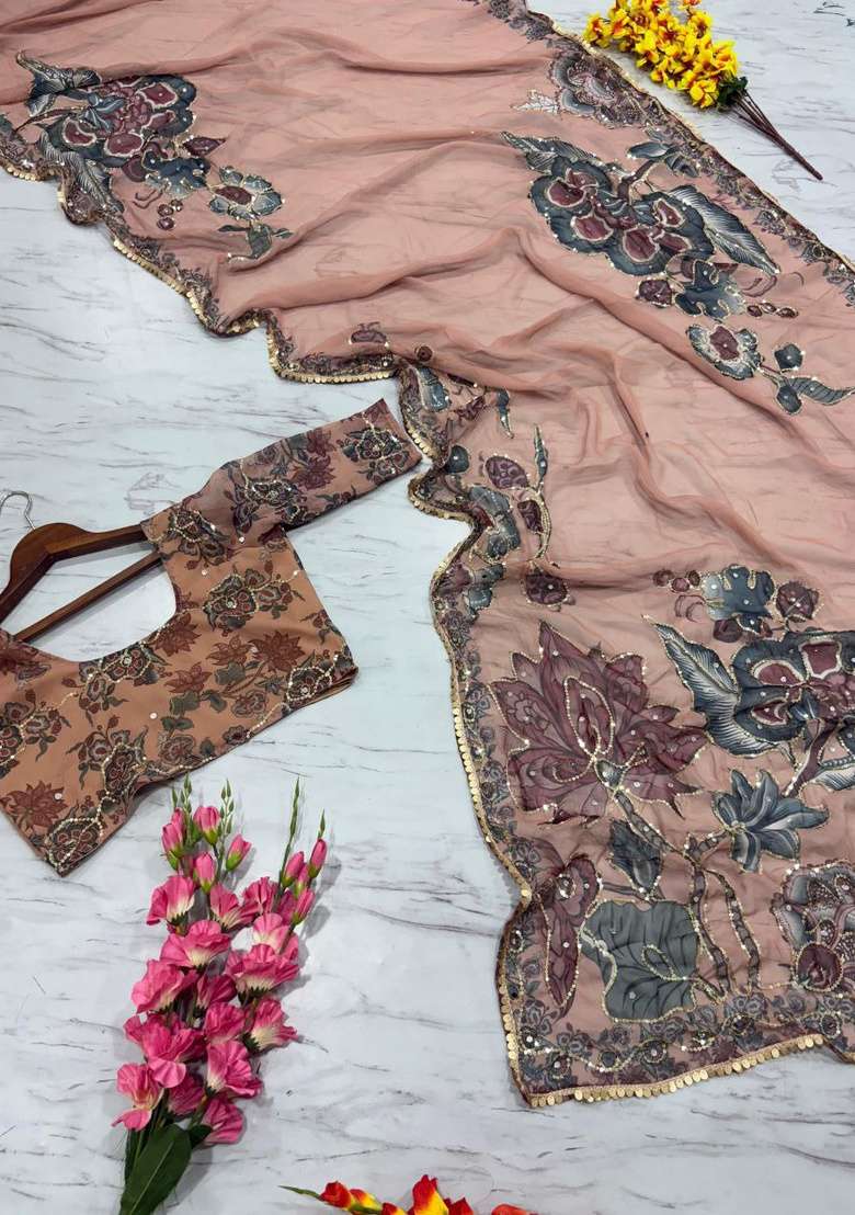 Cream Embroidered Georgette Saree Set for Diwali and Festive Wear - Indya