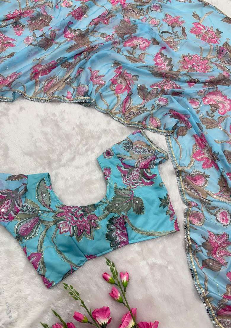 Sky Blue Embroidered Silk Saree Set for Diwali and Festive Wear - Indya