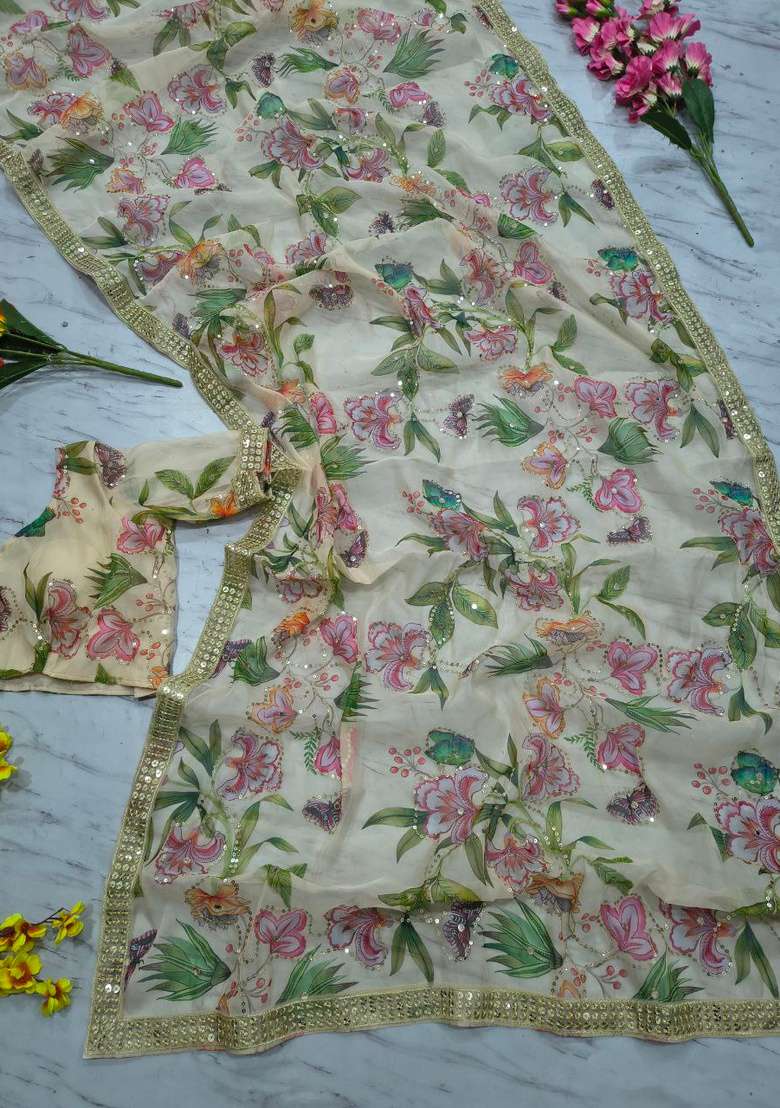 Off White Embroidered Silk Saree Set for Diwali and Festive Wear - Indya