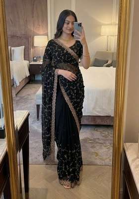 Black Embroidered Silk Saree Set