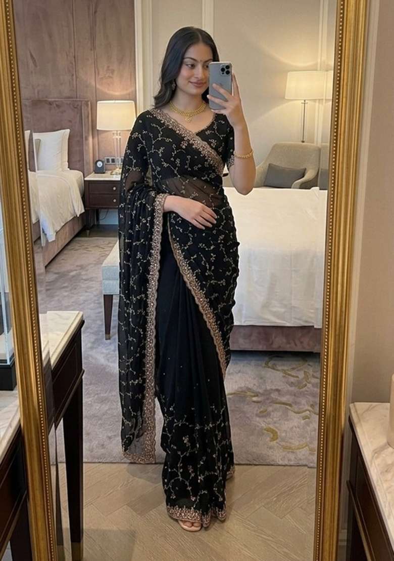Black Embroidered Silk Saree Set - Indya