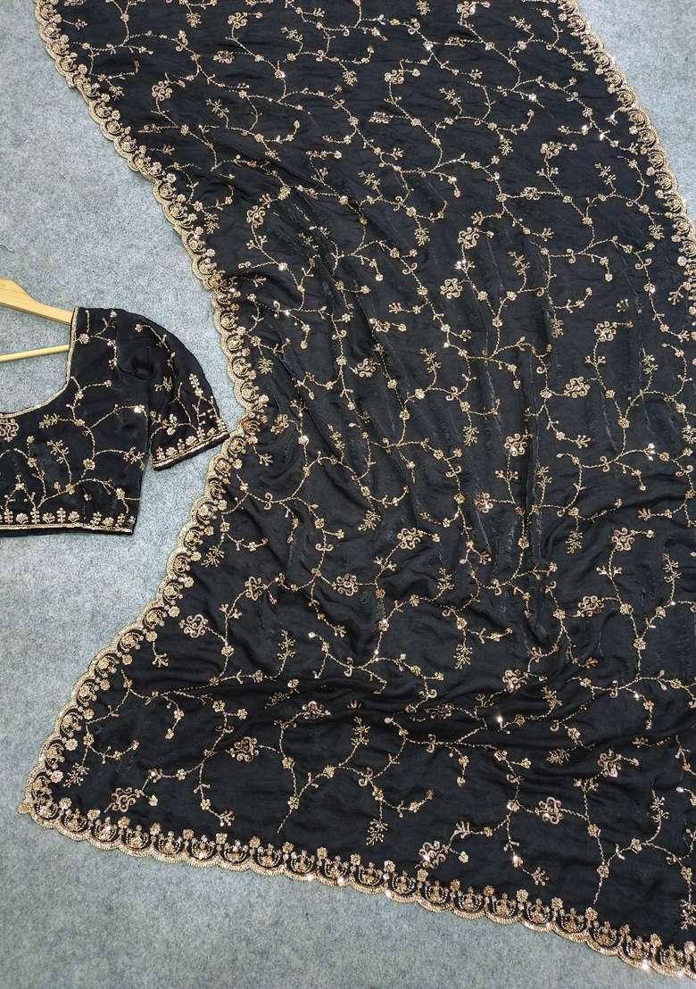 Black Embroidered Silk Saree Set - Indya