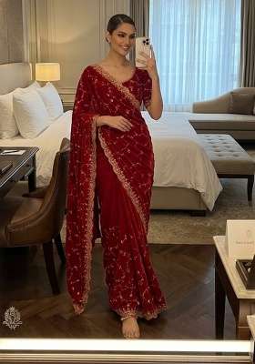 Red Embroidered Silk Saree Set