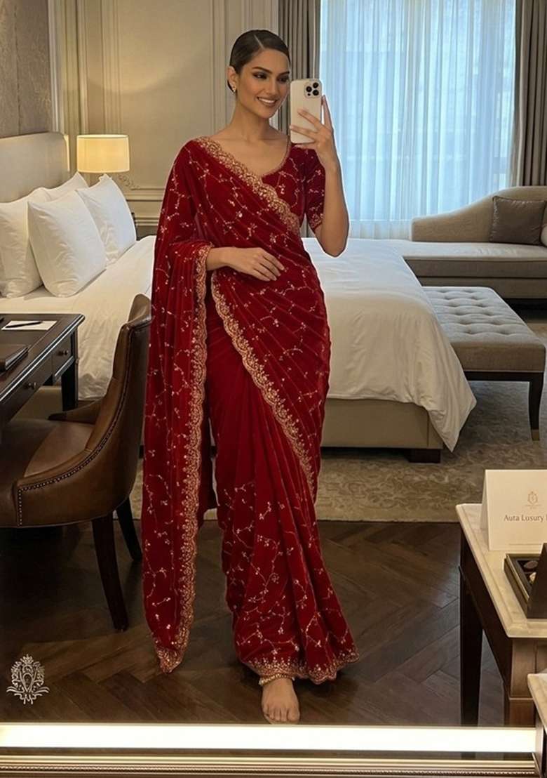 Red Embroidered Silk Saree Set - Indya