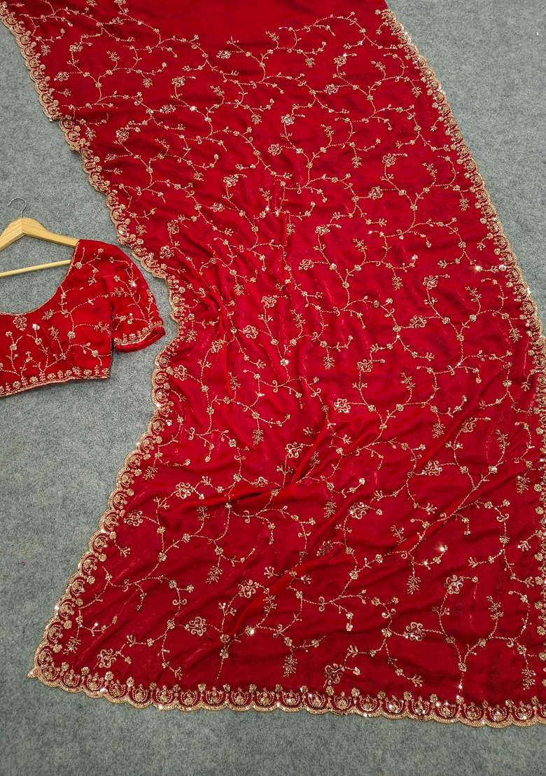 Red Embroidered Silk Saree Set - Indya