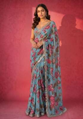 Sky Blue Embroidered Silk Saree Set for Diwali and Festive Wear