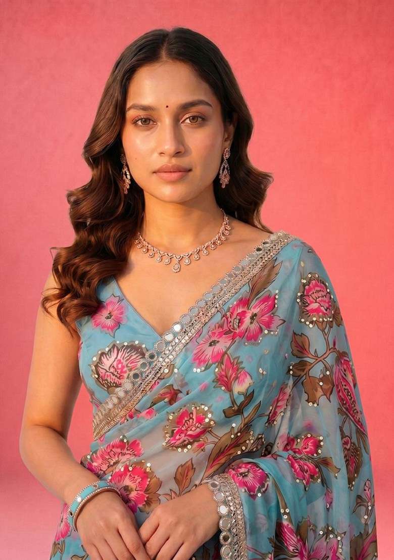 Sky Blue Embroidered Silk Saree Set for Diwali and Festive Wear - Indya
