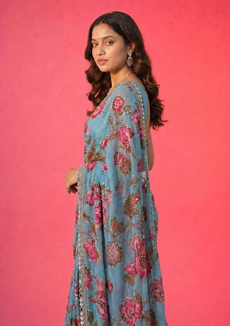 Sky Blue Embroidered Silk Saree Set for Diwali and Festive Wear - Indya