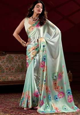 Pista Silk Saree Set with Floral Print for Diwali | Wedding & Festive Wear