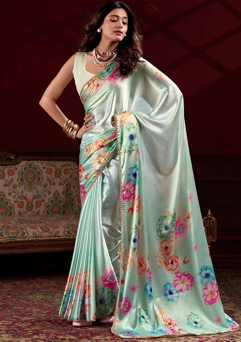Pista Silk Saree Set with Floral Print for Diwali | Wedding & Festive Wear - Indya