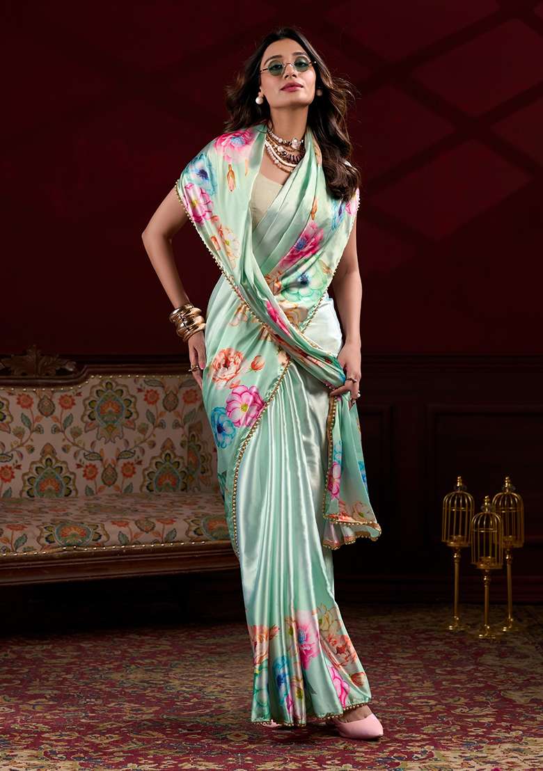 Pista Silk Saree Set with Floral Print for Diwali | Wedding & Festive Wear - Indya