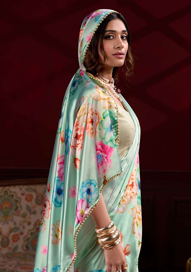 Pista Silk Saree Set with Floral Print for Diwali | Wedding & Festive Wear - Indya