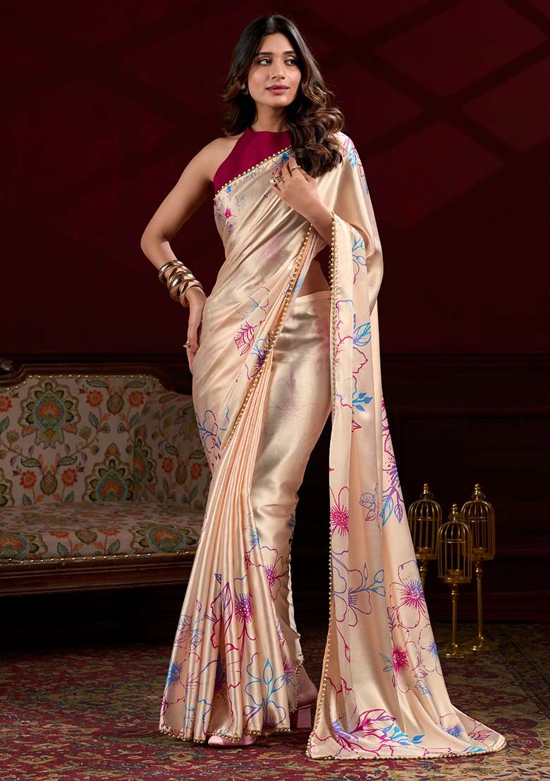 Cream Silk Saree Set with Floral Print for Diwali | Wedding & Festive Wear - Indya