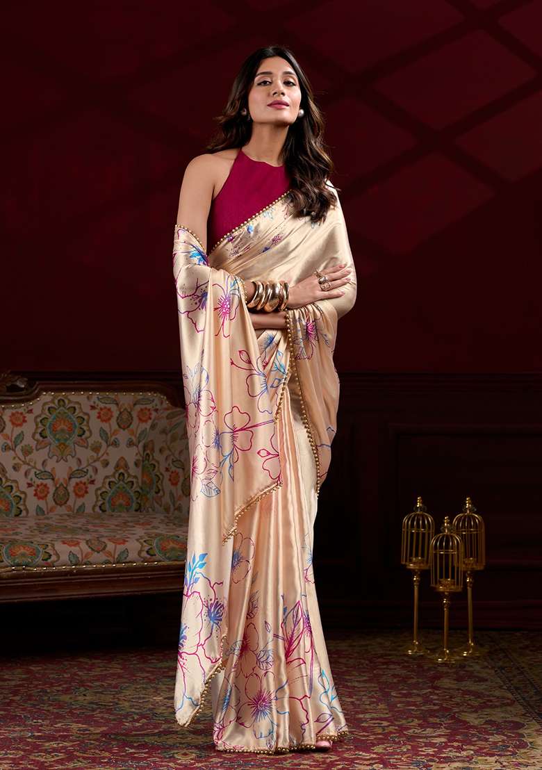 Cream Silk Saree Set with Floral Print for Diwali | Wedding & Festive Wear - Indya