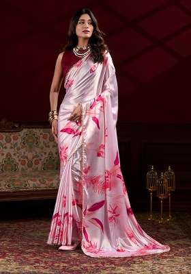Pink Floral Print Silk Saree Set for Diwali and Festive Wear