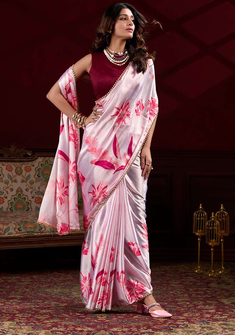Pink Floral Print Silk Saree Set - Indya