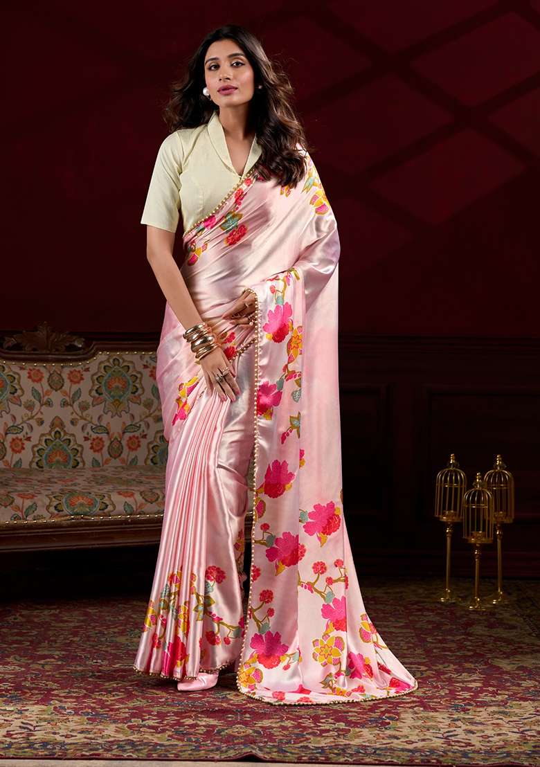 Peach Floral Print Silk Saree Set for Diwali and Festive Wear - Indya