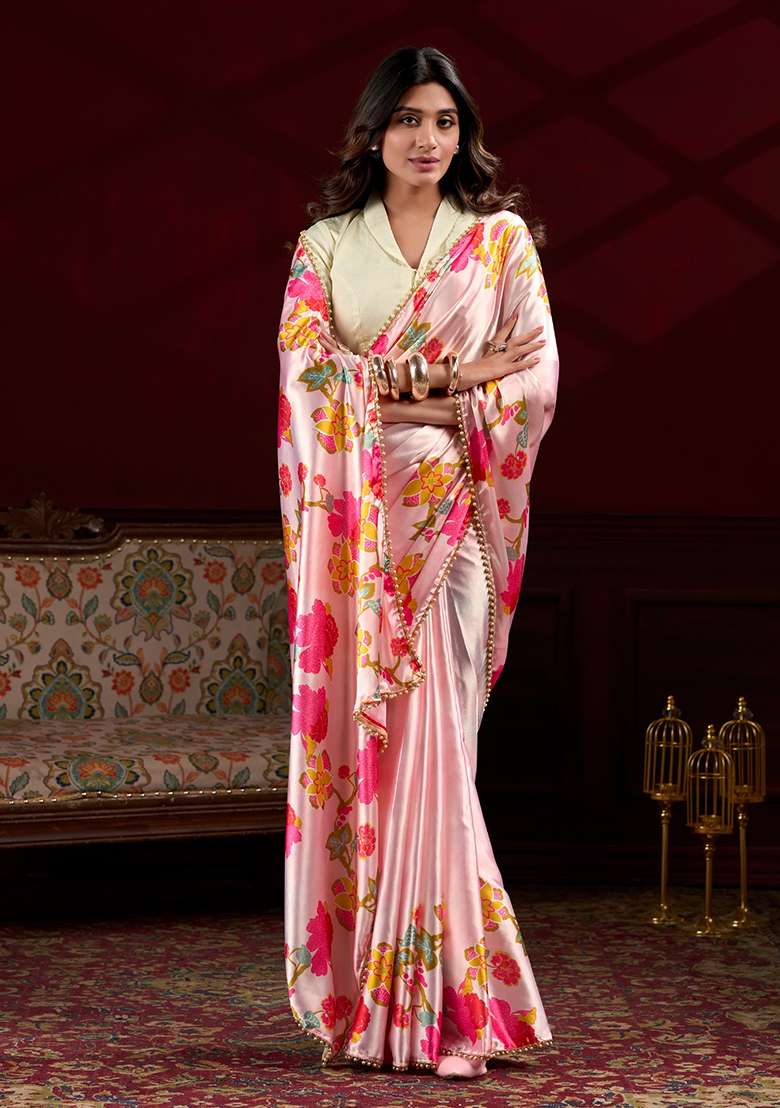 Peach Floral Print Silk Saree Set - Indya