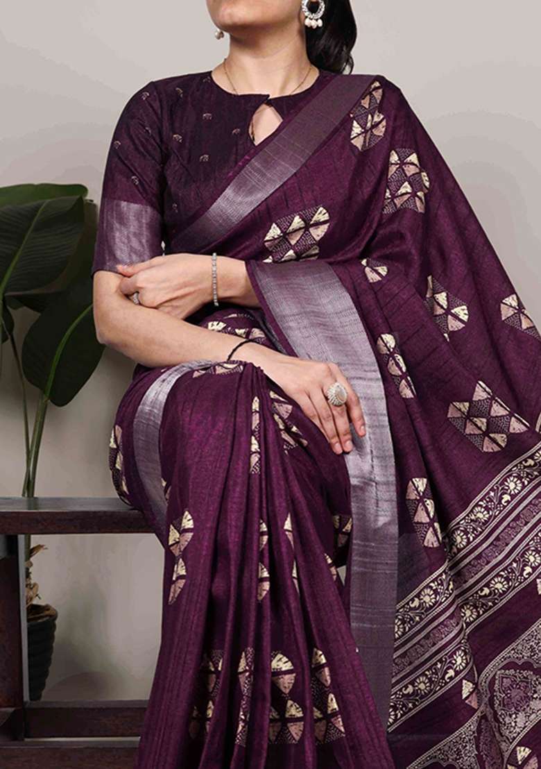 Wine Silk Saree Set with Zari Work for Diwali | Wedding & Festive Wear - Indya