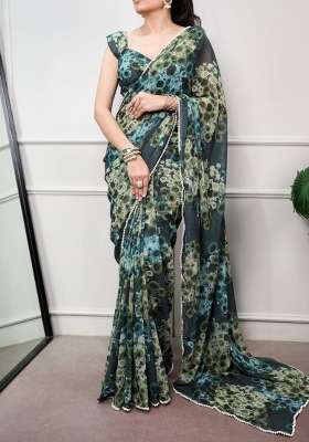 Green Drape Blooming Saree Set with Floral Print for Diwali | Wedding & Festive Wear