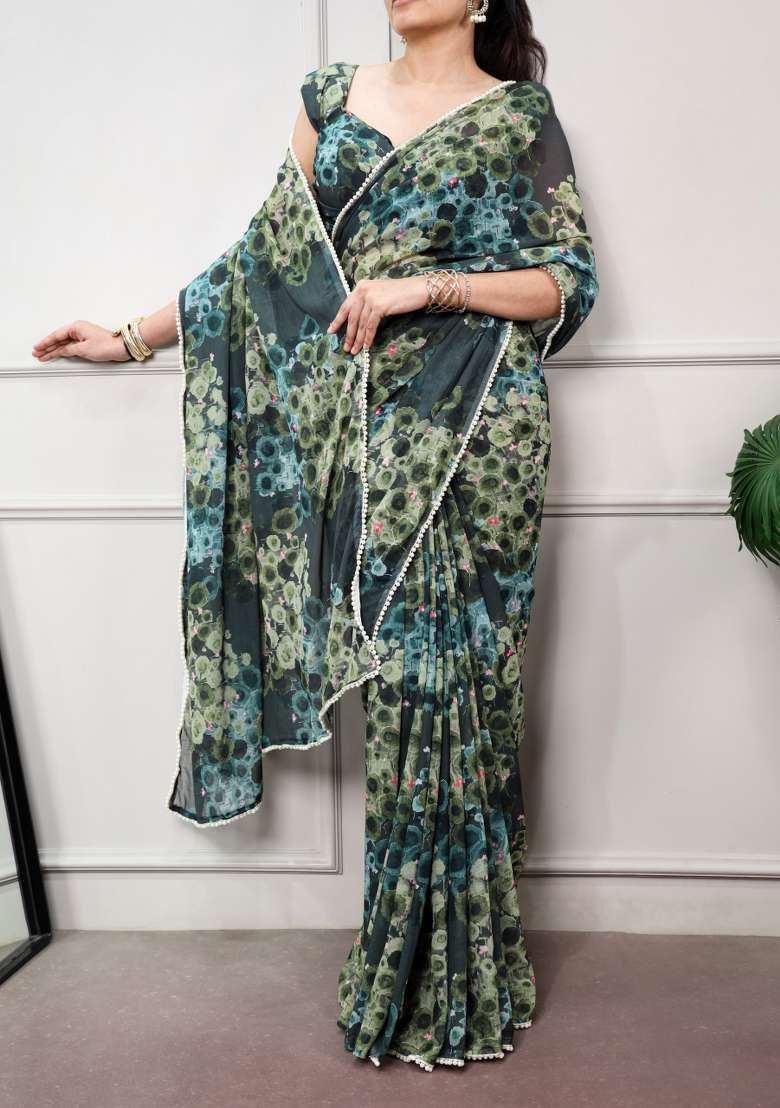 Green Drape Blooming Saree Set with Floral Print for Diwali | Wedding & Festive Wear - Indya