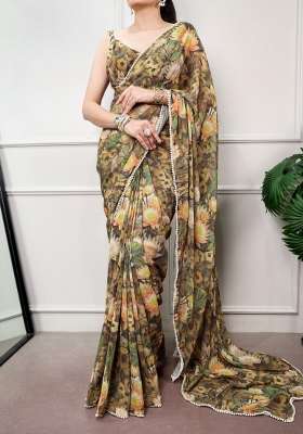 Orange Floral Print Drape Blooming Saree Set for Diwali and Festive Wear
