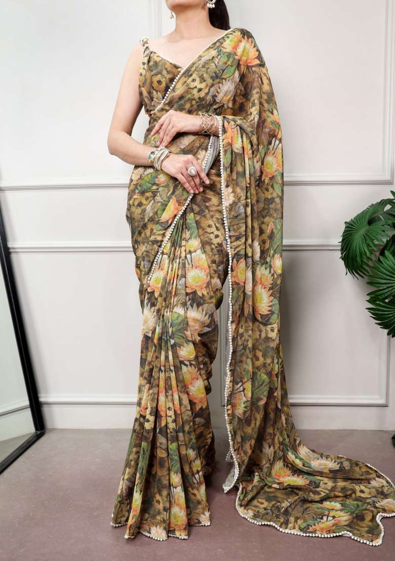 Orange Floral Print Drape Blooming Saree Set for Diwali and Festive Wear - Indya