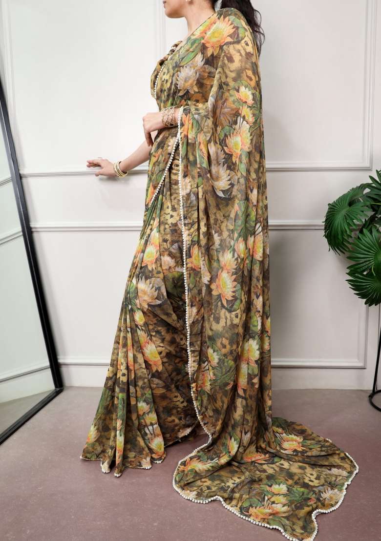 Orange Floral Print Drape Blooming Saree Set for Diwali and Festive Wear - Indya