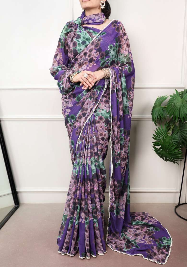 Purple Floral Print Drape Blooming Saree Set for Diwali and Festive Wear - Indya