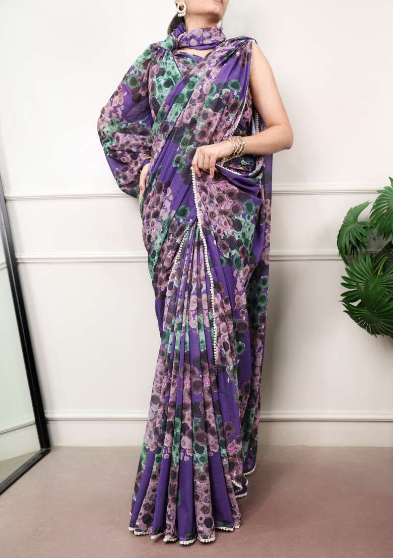 Purple Floral Print Drape Blooming Saree Set for Diwali and Festive Wear - Indya