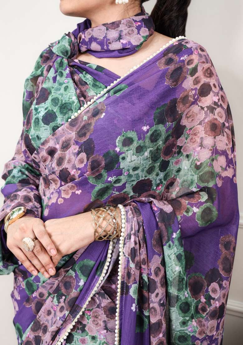 Purple Floral Print Drape Blooming Saree Set for Diwali and Festive Wear - Indya