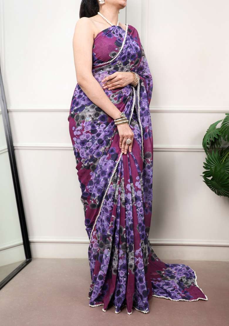 Wine Floral Print Drape Blooming Saree Set - Indya