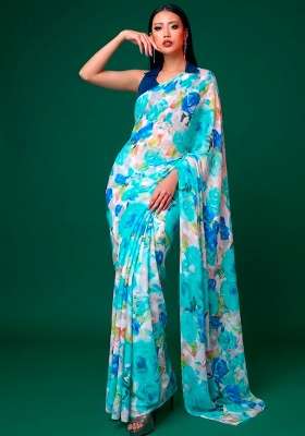 Firozi Floral Print Satin Saree Set for Diwali and Festive Wear